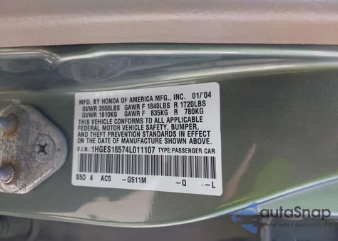 2004 Honda Civic Lx из США, поврежденный, VIN 1HGES16574L011107